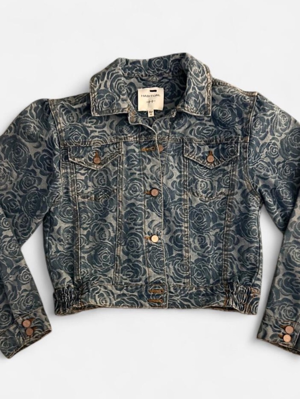 EUC XS/S Anthropologie Habitual Jacquard Rose Crop Denim Trucker Jacket Jean